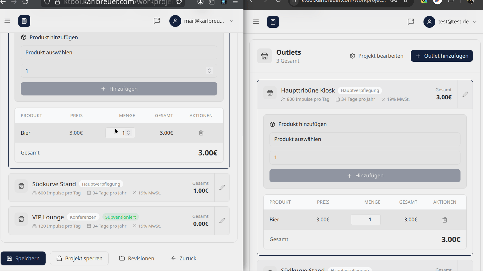 Zwei Browserfenster nebeneinander. Nutzer A ändert eine Position, Nutzer B sieht die Änderung sofort.