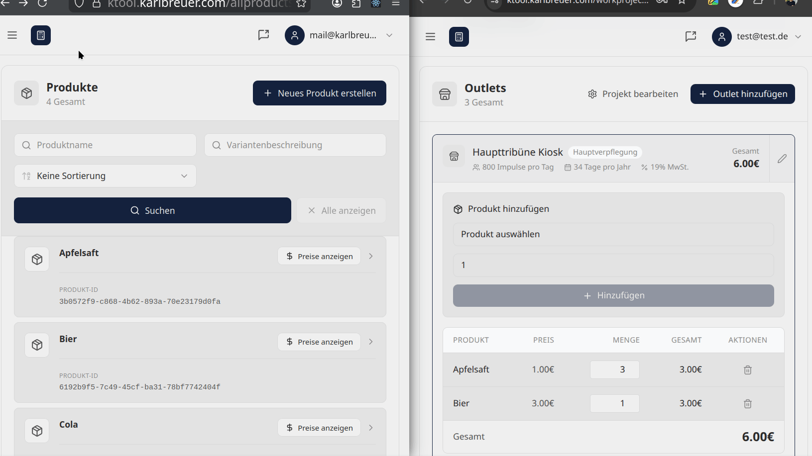 Zwei Browserfenster nebeneinander. Nutzer A ändert einen Preis, Nutzer B sieht die Änderung sofort.