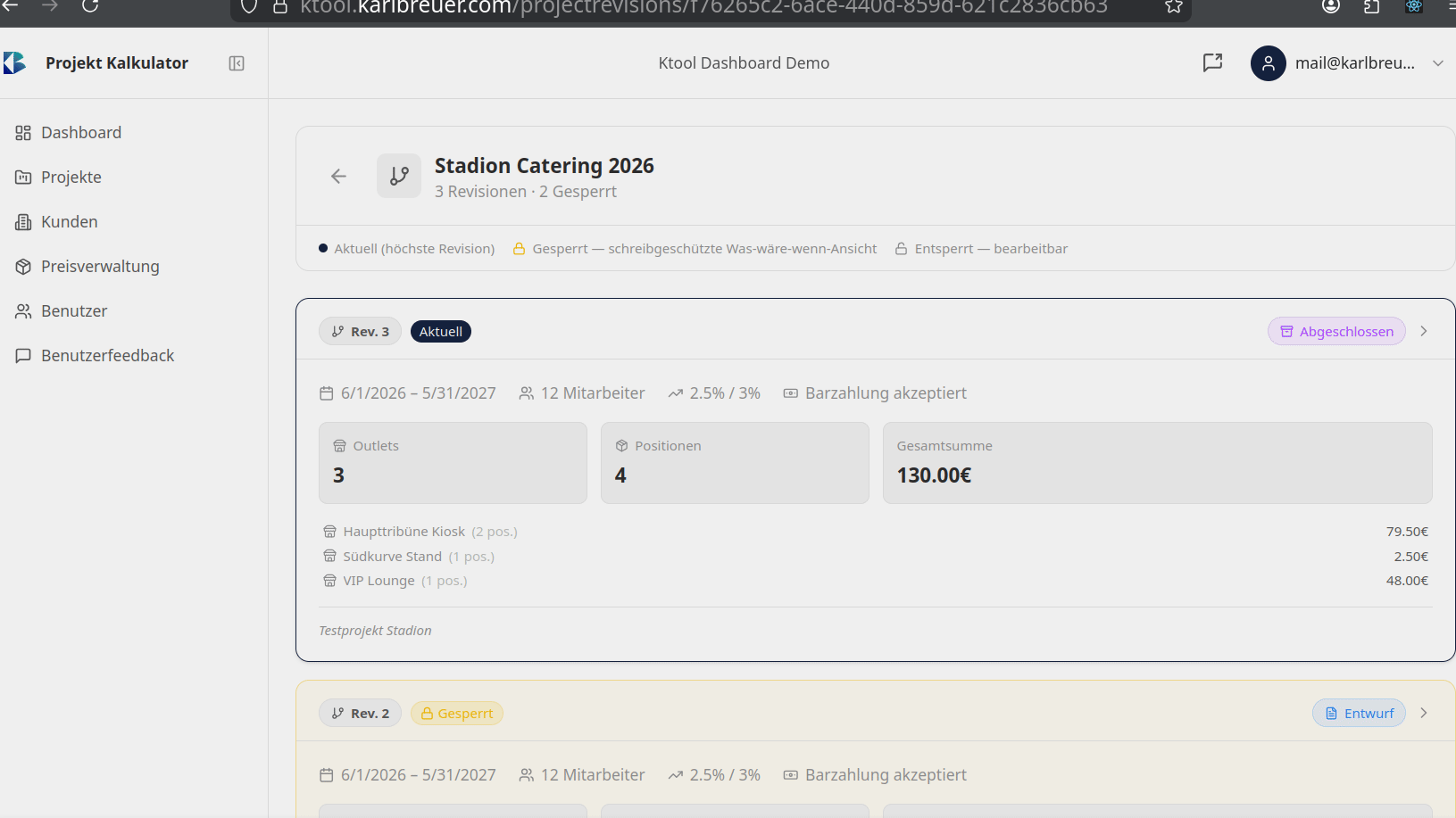 Projekt wird gesperrt, neue Revision erscheint in der Übersicht. Alte Revision ist schreibgeschützt.