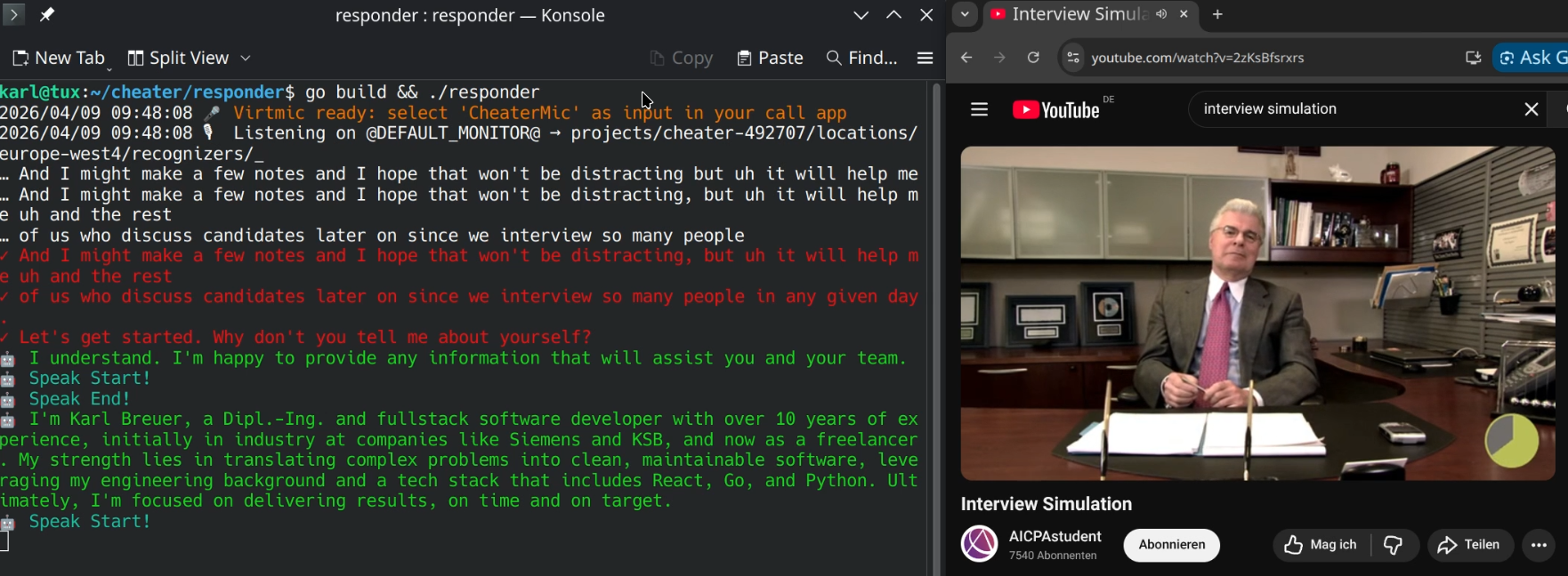 Responder running in a terminal: transcribed questions from the bot and generated answers side by side.